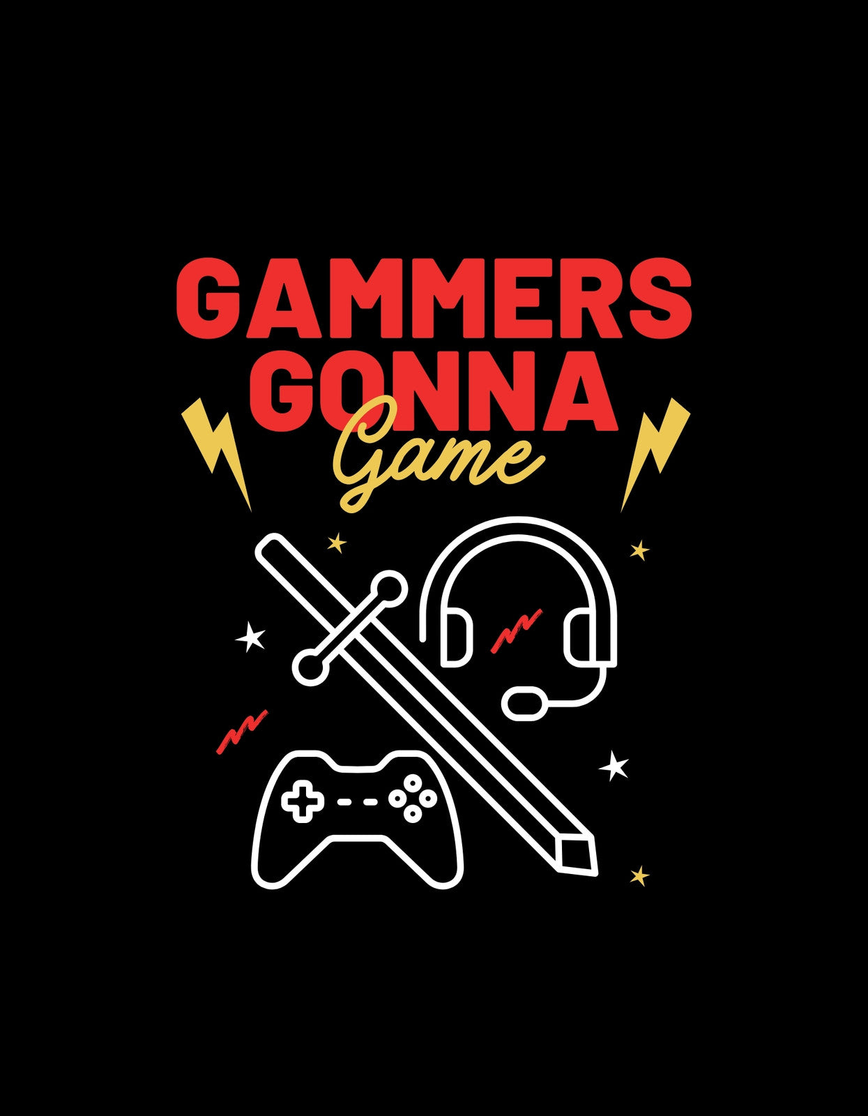 Egyedi játékos dizájn, mely egy fejhallgatót, egy kontrollert és egy varázspálcát ábrázol, körülötte díszítő elemekkel és a "GAMERS GONNA GAME" felirattal. 