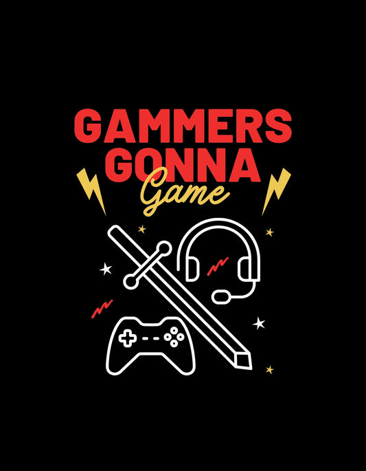Egyedi játékos dizájn, mely egy fejhallgatót, egy kontrollert és egy varázspálcát ábrázol, körülötte díszítő elemekkel és a "GAMERS GONNA GAME" felirattal. 