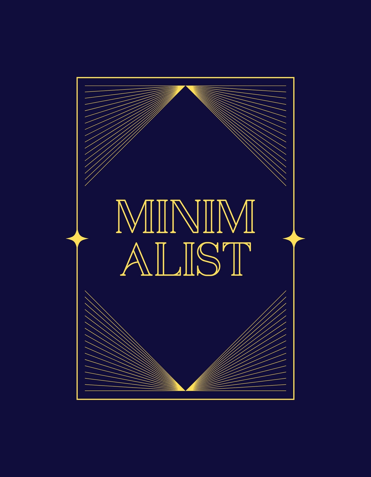 Az extravagáns kék háttérrel rendelkező kép központjában a "MINIMALIST" szó aranyszínű betűkkel tűnik ki, körülötte aranyszínű geometriai mintával, ami egy minimalista, mégis elegáns megjelenést kölcsönöz. 