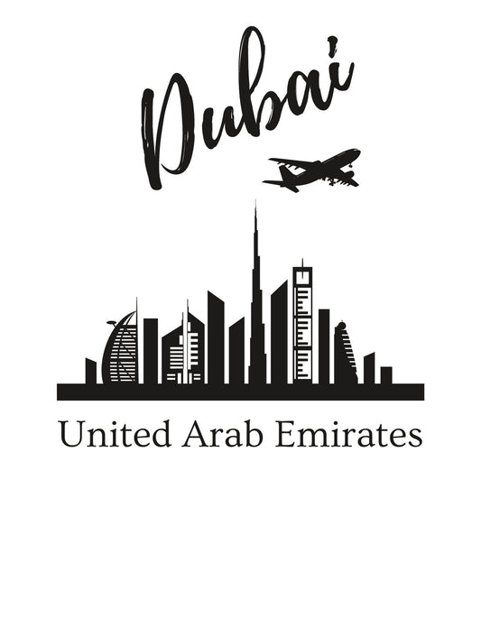 Dubai városának sziluettjét ábrázoló grafika, mely elegáns, kézzel írott stílusban mutatja be a "Dubai" feliratot, egy repülőgéppel a magasban, az Egyesült Arab Emírségek aláírással. 