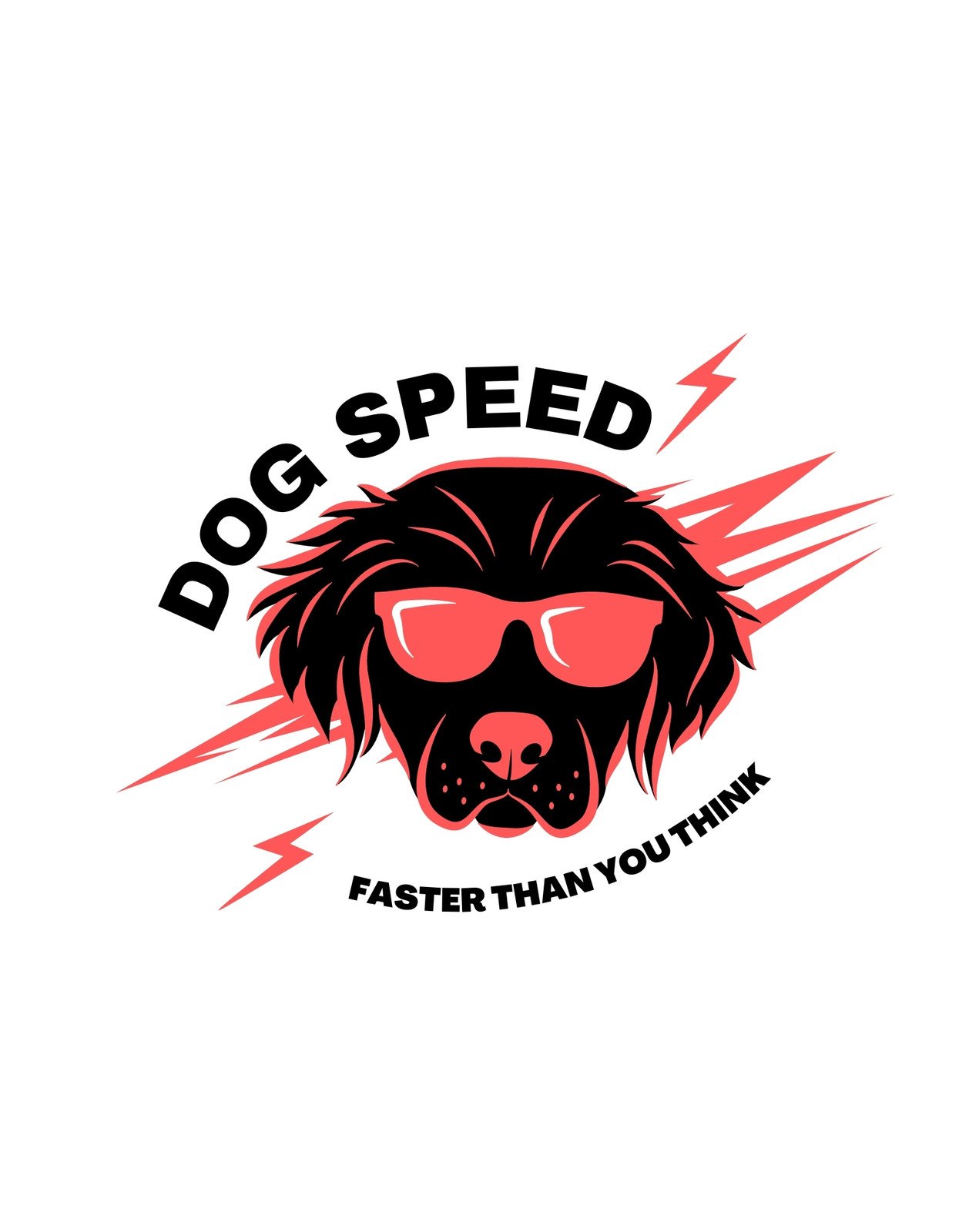 Egy menő, napszemüveges kutya ábrázolásával, amely mögött villámok cikáznak, "Dog Speed - Faster Than You Think" felirattal. 