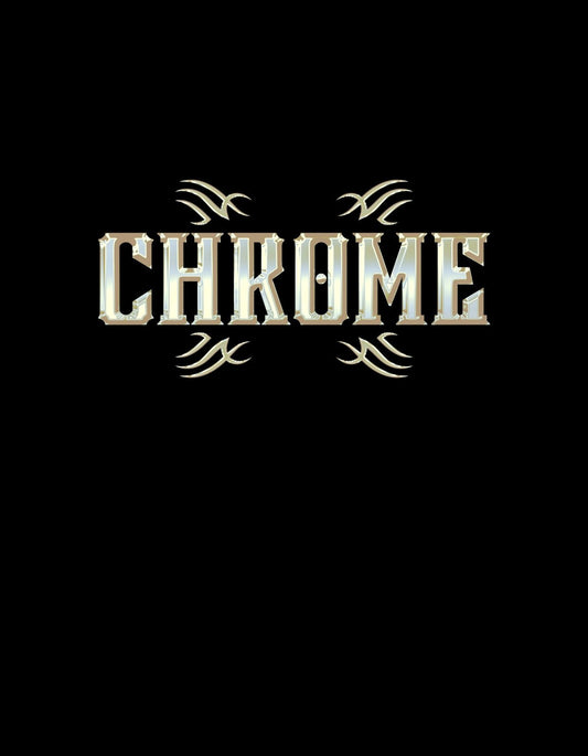 Ezüstös csillogó "CHROME" felirat díszeleg a sötét háttér előtt, melyet kifinomult díszítő elemek egészítenek ki, árasztva az elegancia és a modern stílus ötvözetét. 