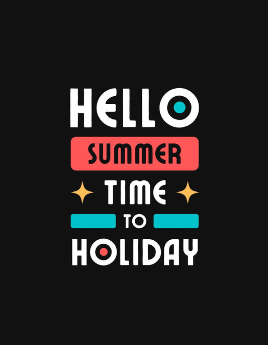 Vidám nyári hangulatú dizájn, melyben a "HELLO SUMMER TIME TO HOLIDAY" felirat színes blokkokon helyezkedik el. 