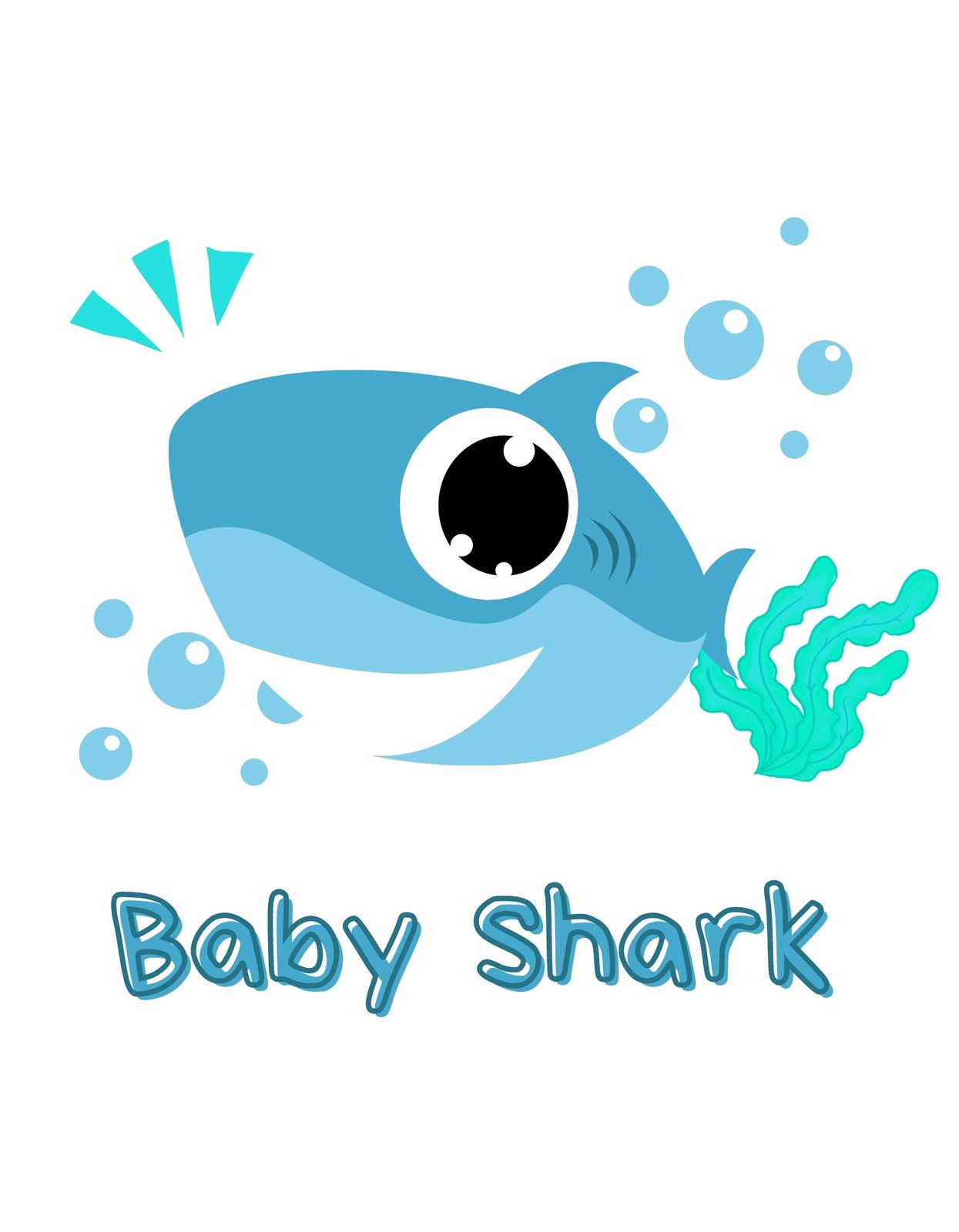 Egy cuki kék cápafigura úszik a vízben, buborékokkal és vízcseppekkel körülvéve, a "Baby Shark" felirattal alul. 