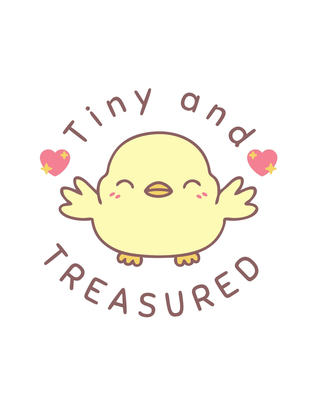 Vidám sárga csibe szerepel az ábrán kinyújtott szárnyakkal, körülötte szív és csillag alakzatokkal, mellette a "Tiny and Treasured" felirat látható. 