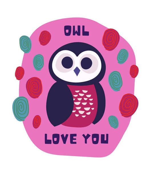 Egy kedves baglyot ábrázoló grafika, körülötte színes, spirális mintájú körcsillagokkal. A minta a melegséget és szeretetet sugározza, a "OWL LOVE YOU" felirattal együtt. 