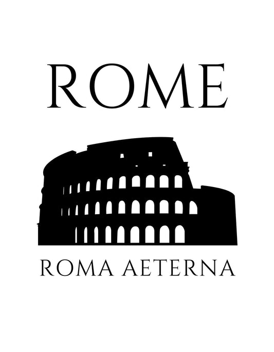 Az örök város, Róma szimbóluma, a híres Colosseum grafikus ábrázolása látható, felette az "ROME", alatta pedig a "ROMA AETERNA" felirattal. 