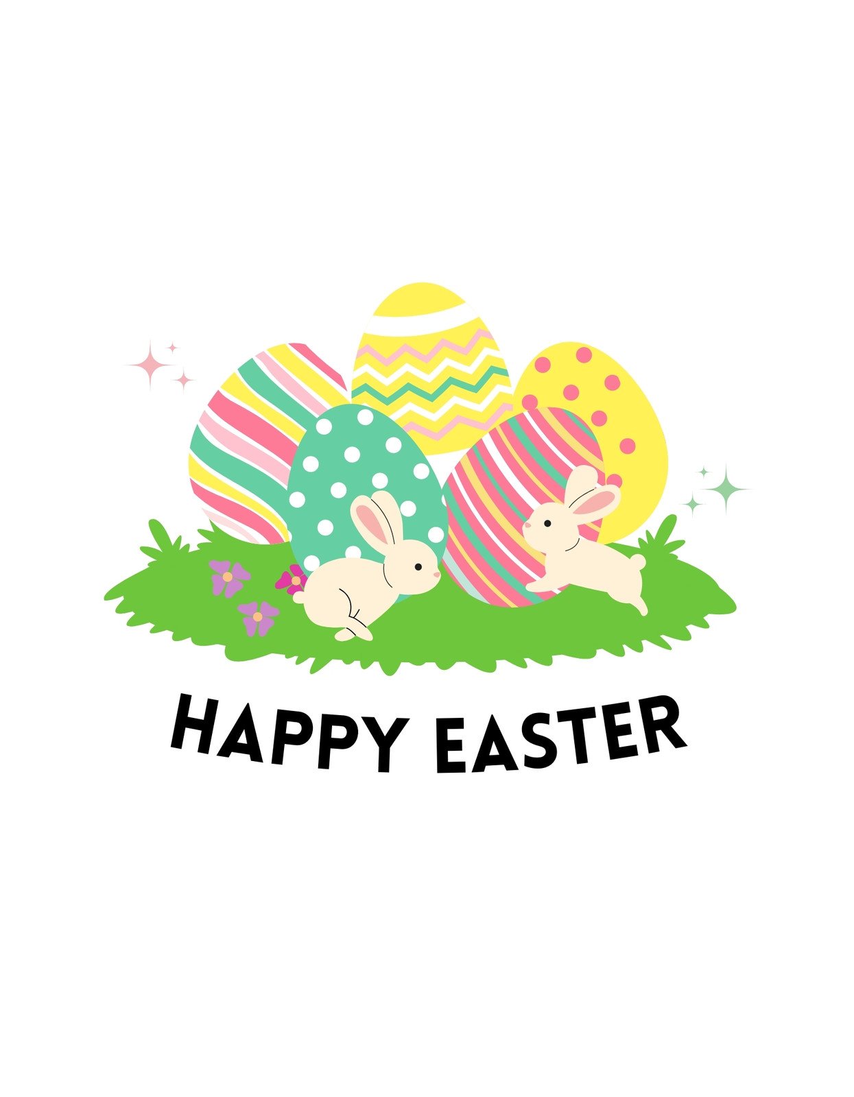 Vidám húsvéti dizájn, színes tojásokkal és aranyos nyuszikkal a fűben, "Happy Easter" felirattal. 