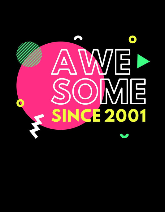 Egy vagány és energikus design, mely kiemeli az "AWESOME SINCE 2001" feliratot, élénk színekkel és dinamikus formákkal. A háttér sötét, ami még inkább előtérbe helyezi a design vibráló elemeit.
