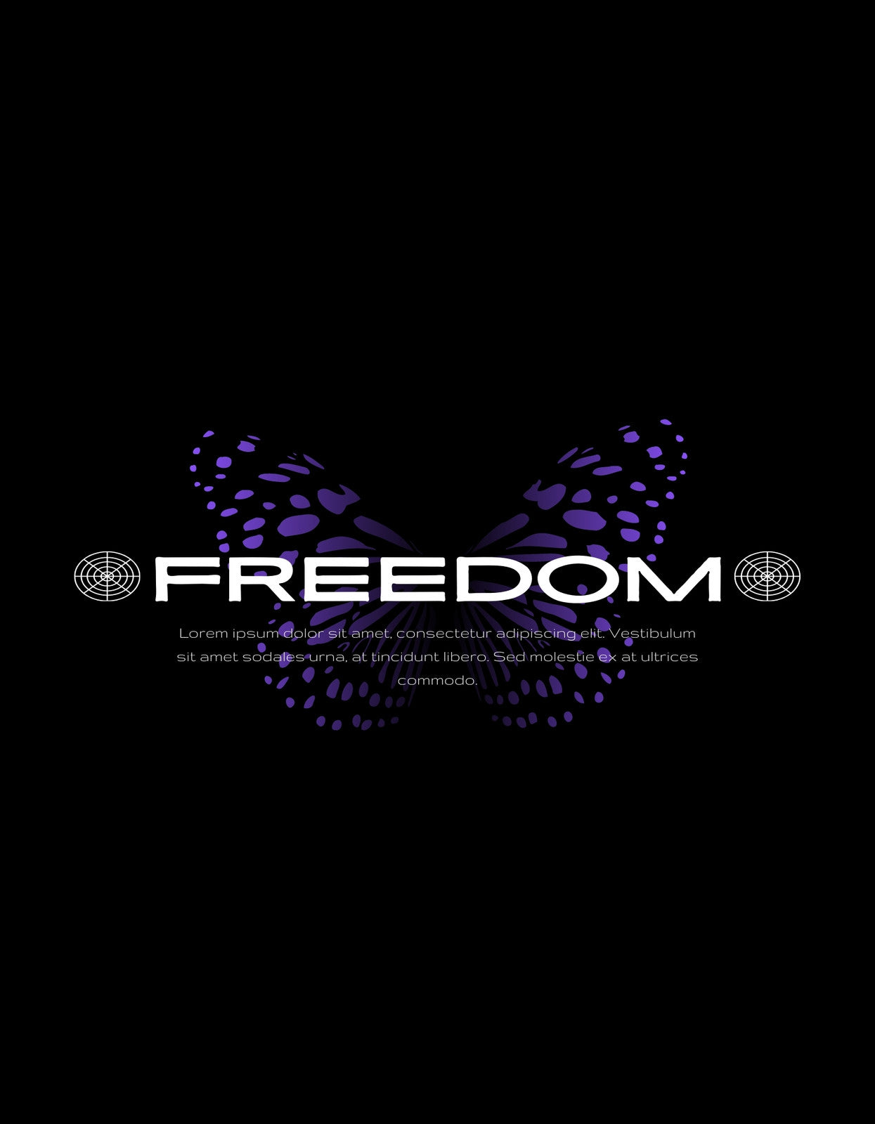 Lila színátmenetes pillangószárnyak veszik körül a nagy, fehér "FREEDOM" feliratot a sötét háttér előtt, kifejezve a szabadság és felszabadultság érzetét. 
