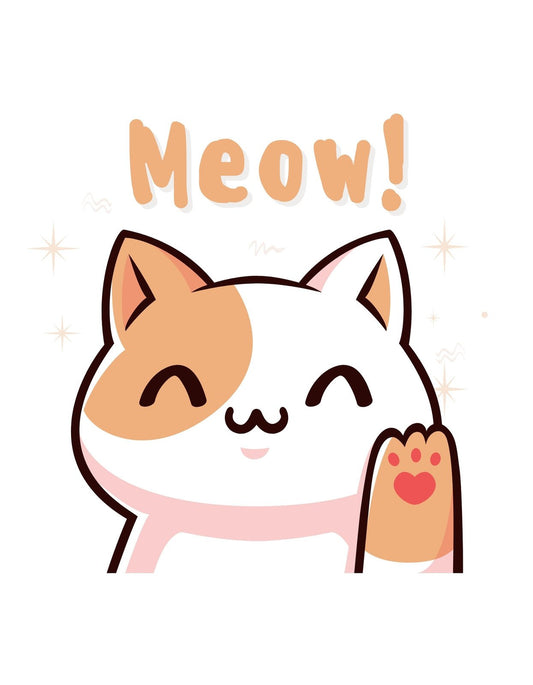 Egy mosolygó, aranyos macska látható az ábrán, aki felém nyújtja az egyik mancsát, szív-alakú tenyérnyommal, mellette egy "Meow!" felirat. 