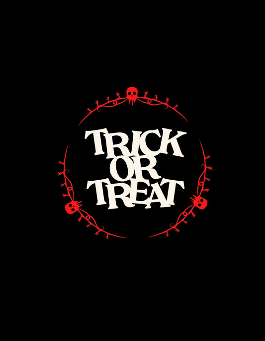 Egyedi Halloween dizájn, amely a "Trick or Treat" (Csokit vagy csalunk!) feliratot tartalmazza, körbevéve tüskés indákkal és függő koponyákkal egy elegáns, de rémisztő hangulatot áraszt. 