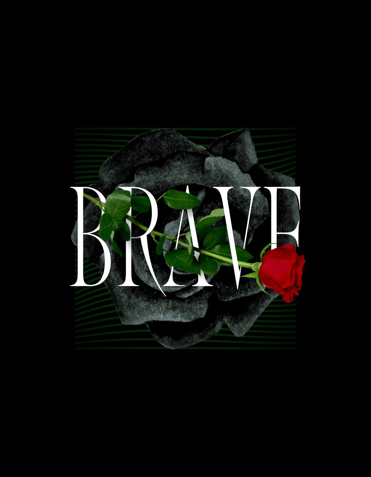Bátorság és természetesség ötvözete árad a képből, ahol egy piros rózsa kilóg az összetört kövek közül, és az egészet átfogja a "BRAVE" felirat. 