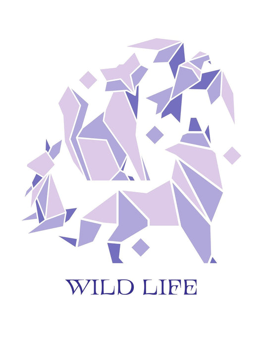 Egy lila árnyalataiban pompázó, geometriai formákkal megalkotott oroszlán képe díszíti ezt a tervezetet, alatta "WILD LIFE" felirattal. 