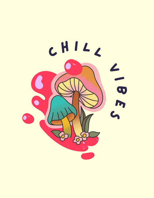 Egy laza, színes dizájn, amely egy szivárványos citromot és egy gombát ábrázol virágokkal, körülvéve örvendetes színfoltokkal és a "CHILL VIBES" felirattal. 