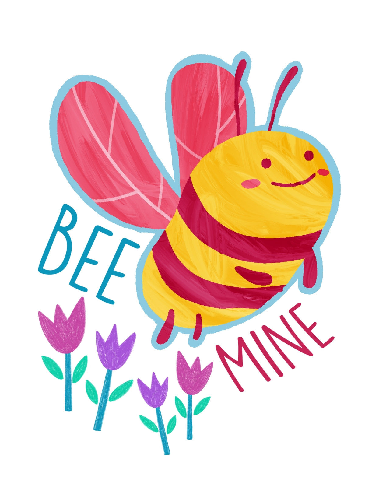 Egy kedves mosolygó méhecske virágokkal ölelkezik, míg a "BEE MINE" felirat játékosan kacsint ránk. 