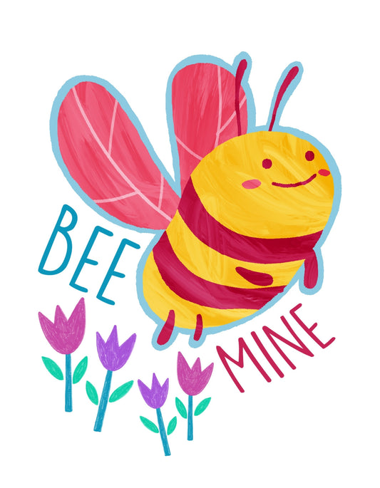 Egy kedves mosolygó méhecske virágokkal ölelkezik, míg a "BEE MINE" felirat játékosan kacsint ránk. 