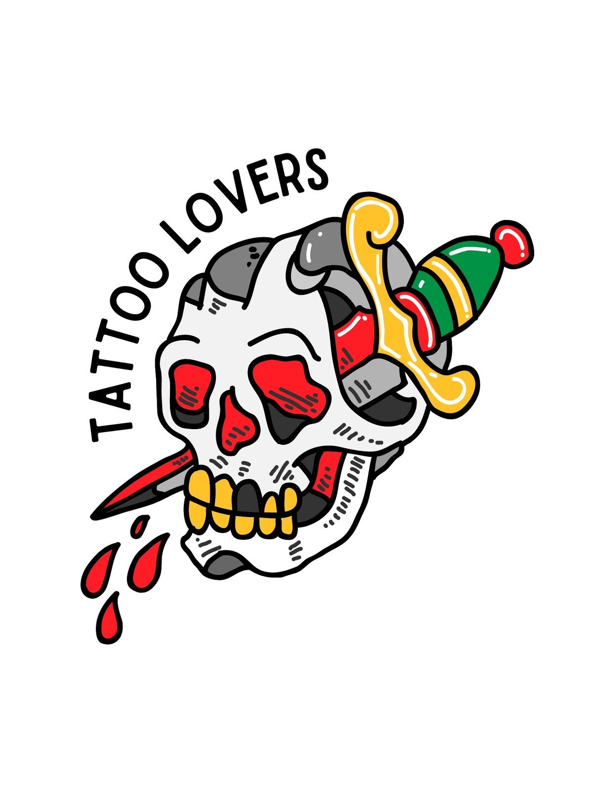 Egy merész és kifejező koponya dominál a képen, melyet egy hátulról átdöfő színes késsel koronáznak meg. A felirat "TATTOO LOVERS" kifejezi a tetoválások iránti szenvedélyt, míg a képről cseppenő vér részletek az erőteljes vizuális hatást erősítik. 