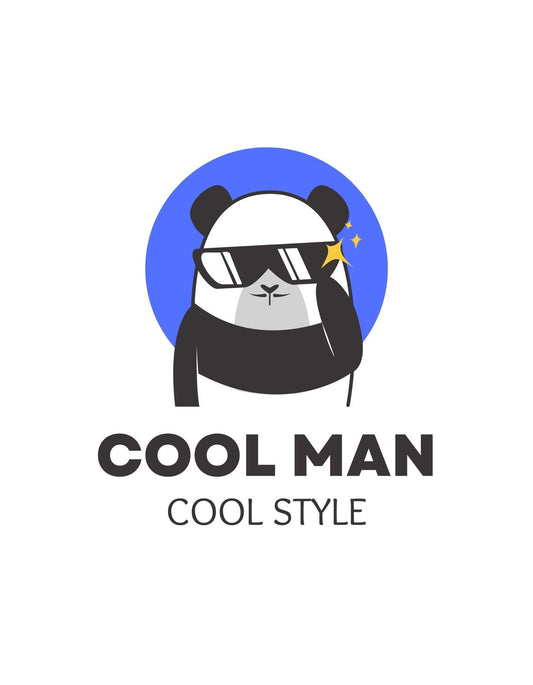 Egy menő panda fekete napszemüvegben pózol, miközben a háttérben egy kék kör ad dinamikus hatást. A panda melletti csillagok a "cool" faktort erősítik. 