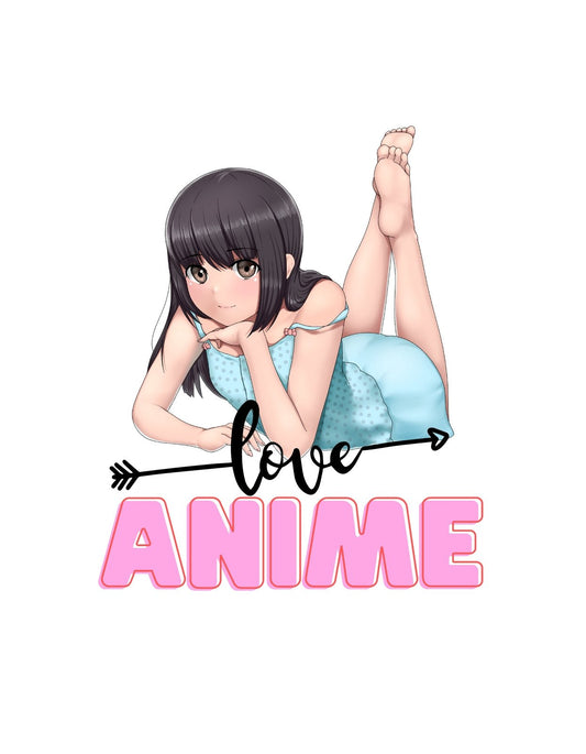 Egy aranyos anime lány fekszik hason, megnyerő tekintettel, míg a rózsaszínű "Love Anime" felirat lendületet ad a dizájnnak. A kép fiatalos energiát és játékosságot sugároz. 