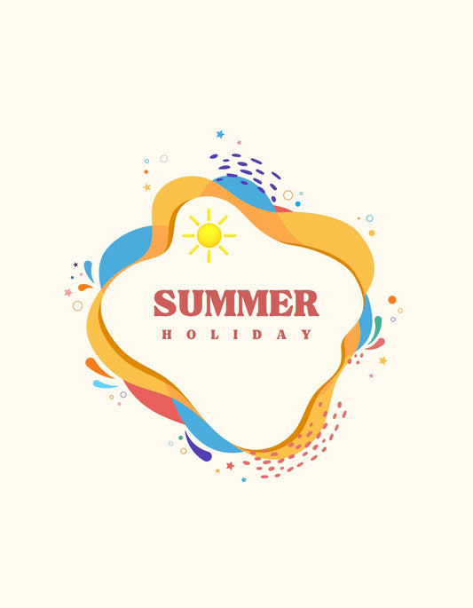 A képen egy vidám színekben gazdag, nyaralás hangulatát idéző dizájn látható, egy nagy sárga nap és az „SUMMER HOLIDAY” felirat körül színes vonalak és csillagok kavalkádja. 