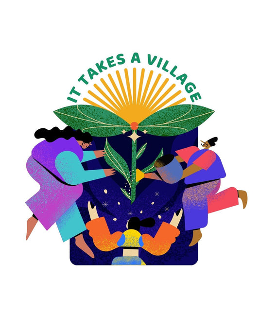 Egy közösség erejét ábrázoló grafika, amelyen színes karakterek egy növény körül gyűlnek össze, "It Takes a Village" felirattal. 