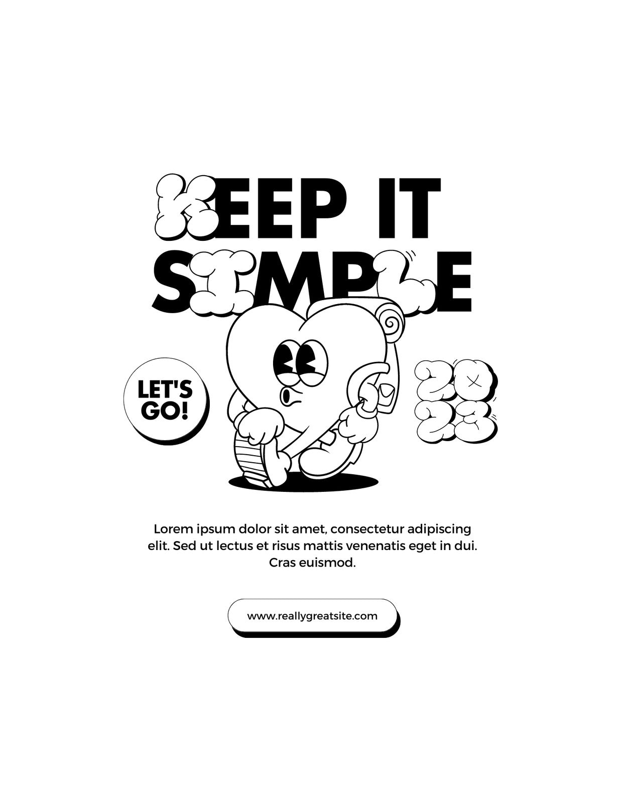 Egy rajzolt figurát ábrázoló kép, amely egy mosolygó szívet tart, körülötte felhőkkel és a felirattal: "KEEP IT SIMPLE". A design letisztult, játékos hangulatot sugároz. 