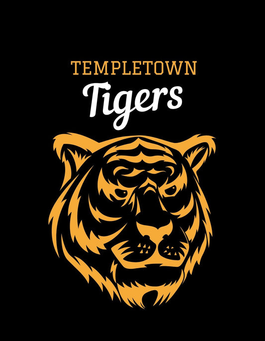 Egy erőteljes és tekintélyt parancsoló tigris arcát ábrázolja ez a design szigorúan fekete háttérrel, míg fölötte büszkén olvasható a "Templetown Tigers" felirat. 
