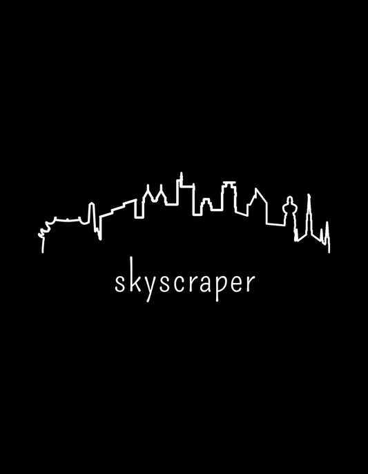 Egy elegáns, minimalista városi sziluett jelenik meg fekete hátteren, fehér vonalakkal megalkotva, a modern metropolisz érzetét keltve. Az alsó részen "skyscraper" felirattal, ami tovább erősíti a városi hangulatot. 