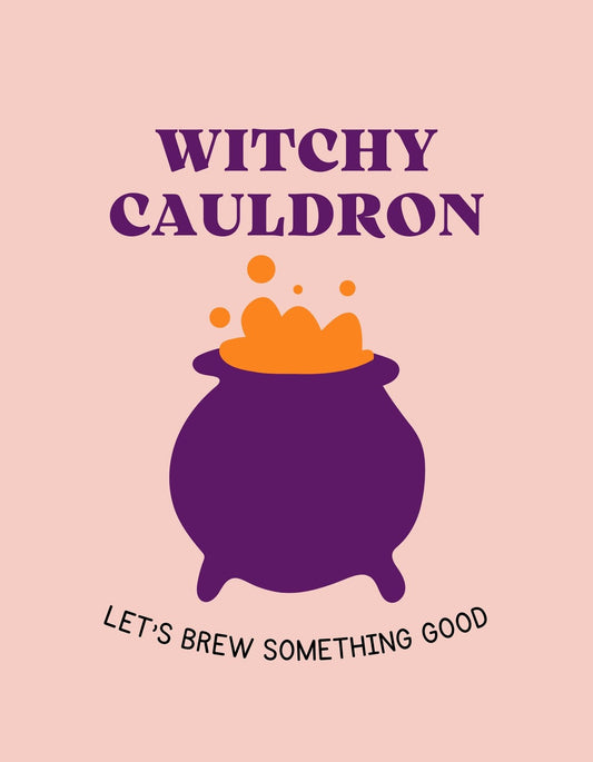 Egy lila üst látható, amelyből narancssárga buborékok szivárognak ki, a "WITCHY CAULDRON" és az "LET'S BREW SOMETHING GOOD" felirat kíséretében. 