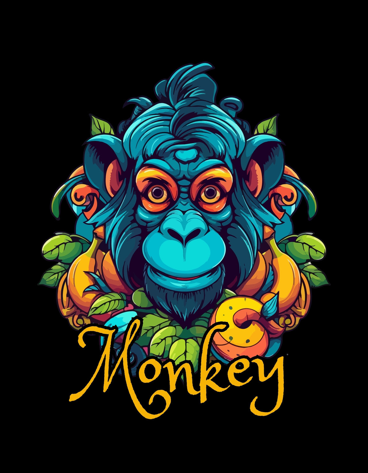 Egy színpompás majom portréját látjuk, melyet élénk neon színek és trópusi növények díszítenek. A design középpontjában az "Monkey" felirat tűnik fel, mely stilizált, játékos betűtípussal egészíti ki a látványt. 