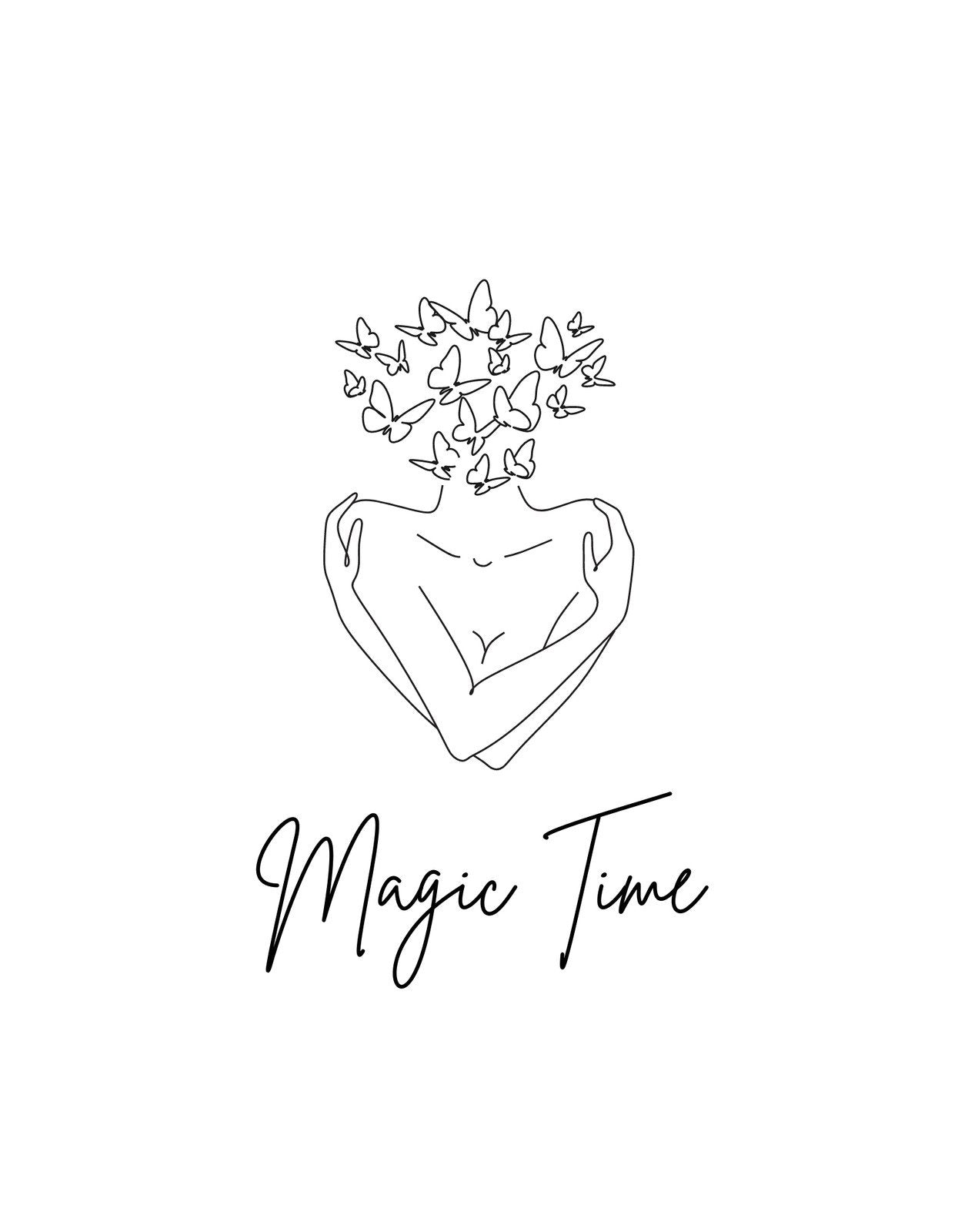 Egy stílusos és minimalista rajz, mely egy szív alakú keretben egy női alakot ábrázol, fején pillangsereggel. A kép alján a "Magic Time" felirat látható. 