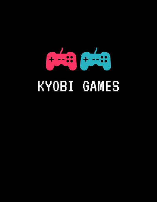 Két színes játékvezérlőt ábrázoló dizájn, melyek a "KYOBI GAMES" felirat két oldalán helyezkednek el. A piros és kék színkontraszt a játékok világába repít. 