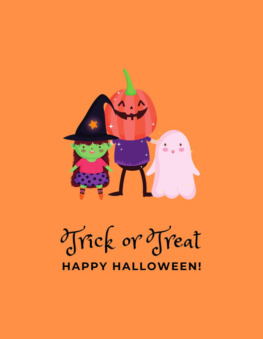  Három aranyos jelmezbe öltözött karakter, egy boszorkány, egy töklámpás és egy szellem, ünnepi hangulatot árasztva. Narancssárga háttérrel és "Trick or Treat Happy Halloween!" felirattal. 