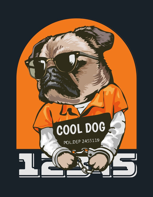 Menő kutya profilban, napszemüvegben és börtönruhában, bilincs a mancsán. 