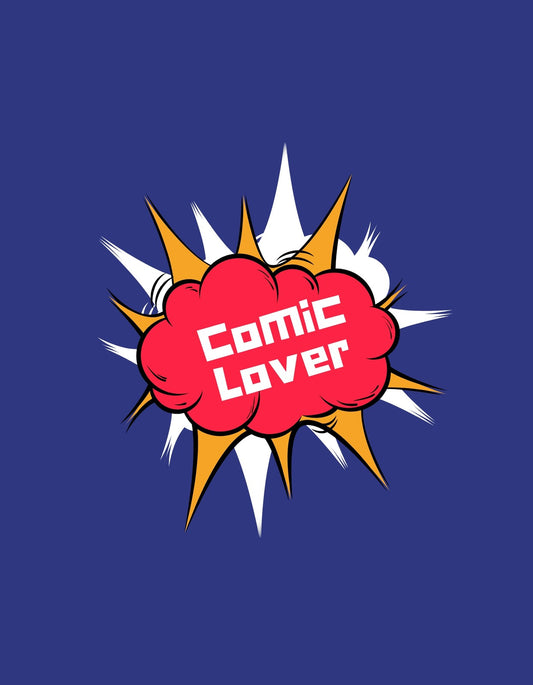 Egy élénkpiros, felkiáltó jellegű buborék rajzolódik ki, amelynek közepén a 'Comic Lover' felirat szerepel. A buborék körül szikrázó fehér és sárga színű díszítő elemek hozzáadnak egy dinamikus, robbanásszerű hatást. 