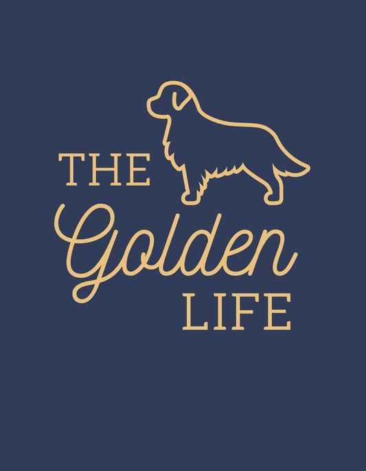 Egy elegáns aranyszínű kutya sziluettje látható a képen, felette a "THE GOLDEN LIFE" felirattal, klasszikus eleganciát sugallva. 
