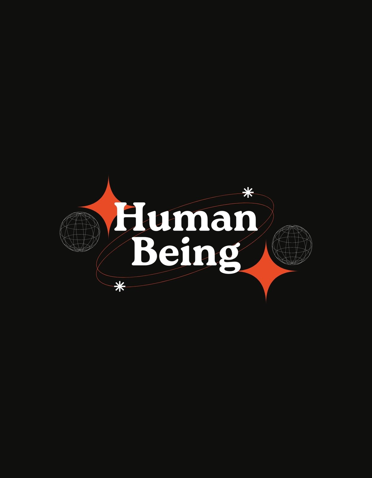 Egy minimalista, stílusos kialakítás, amely a "Human Being" feliratot tartalmazza díszes betűtípussal, kiegészítve két absztrakt gömbbel és csillagokkal. 
