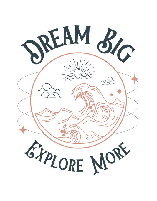A képen egy inspiráló mondanivalójú grafika látható, amely egy napfelkeltét és hullámokat ábrázol, melyeket "Dream Big" és "Explore More" feliratok kereteznek. 