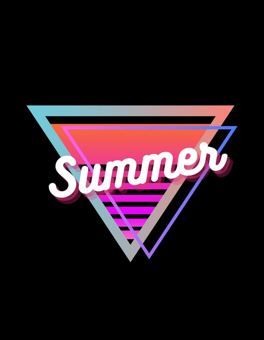 Egy vibrálóan színes, nyári hangulatot árasztó dizájn, mely egy háromszög formát követ, belül rózsaszín és kék átmenetekkel, középen a "Summer" felirattal. 