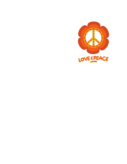 A képen egy narancssárga és sárga virágmotívum látható, közepén a békejelet formázva. Az alul elhelyezett "LOVE & PEACE" szöveg az összetartozás és szeretet üzenetét közvetíti. 
