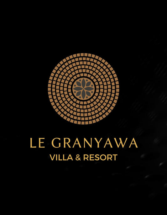 A képen egy mandala jellegű minta látható arany színben fekete alapon, alatta "LE GRANYAWA VILLA & RESORT" felirattal. 