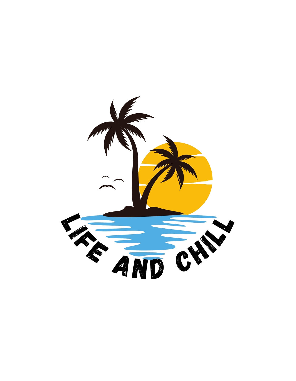 Egy nyugodt naplemente sziluettje, pálmafák és tengerparti tükröződéssel, felirattal: "LIFE AND CHILL". 