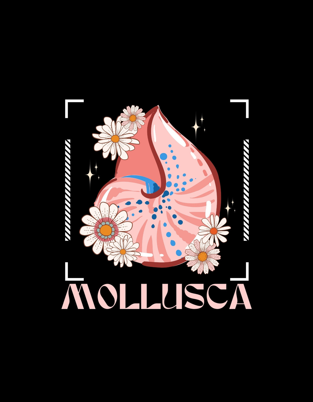  Egyedülálló stílusú, rózsaszínű kagyló, melyet díszes margaréták és pezsgő minták tesznek különlegessé, egy sötét háttér előtt, miközben a "MOLLUSCA" szó díszítő betűtípussal emelkedik ki alul. 
