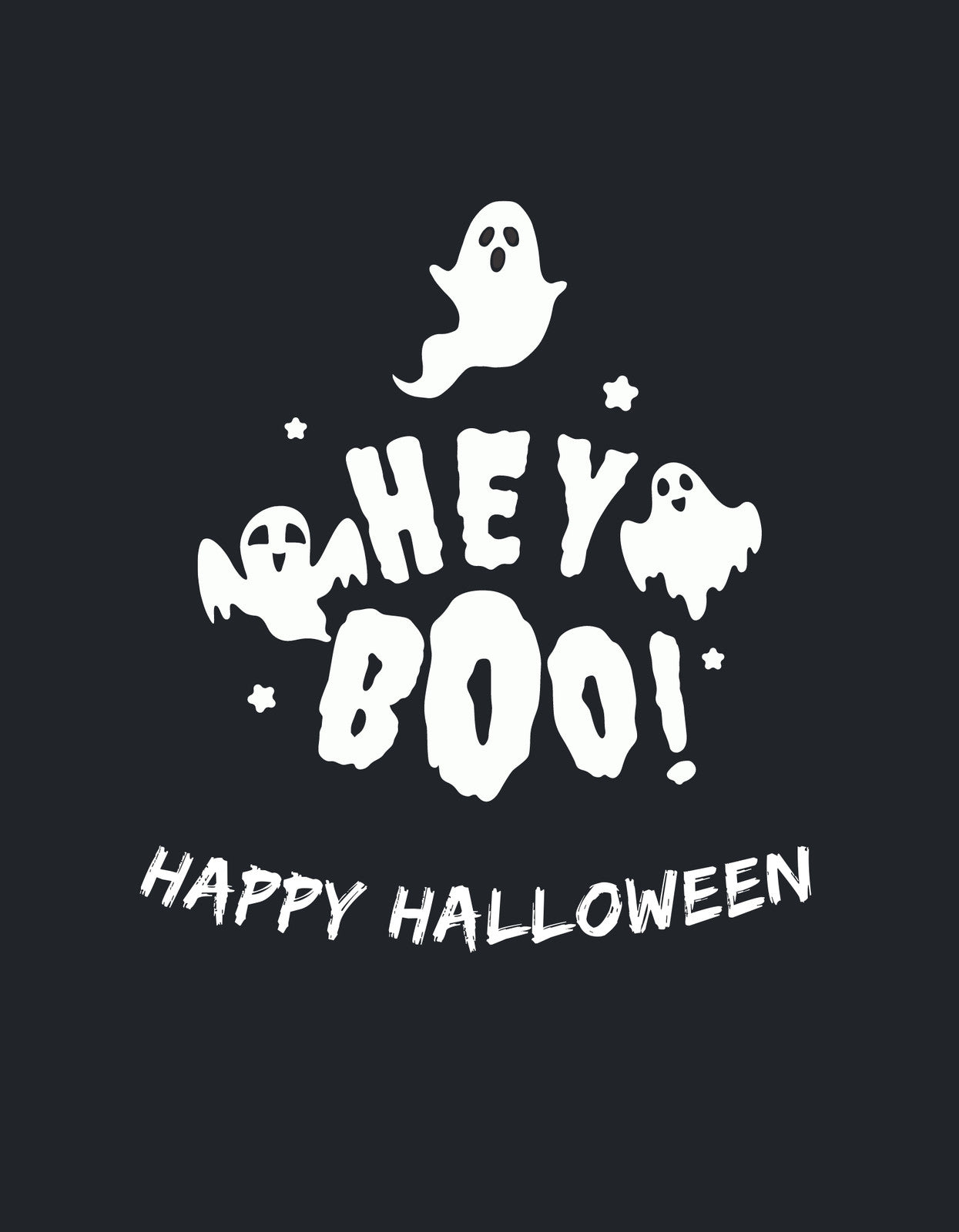 Vidám szellemfigurák és a "Hey Boo! Happy Halloween" felirat díszítik ezt az ünnepi képet, ami tökéletes választás a Halloween-szezonra. 