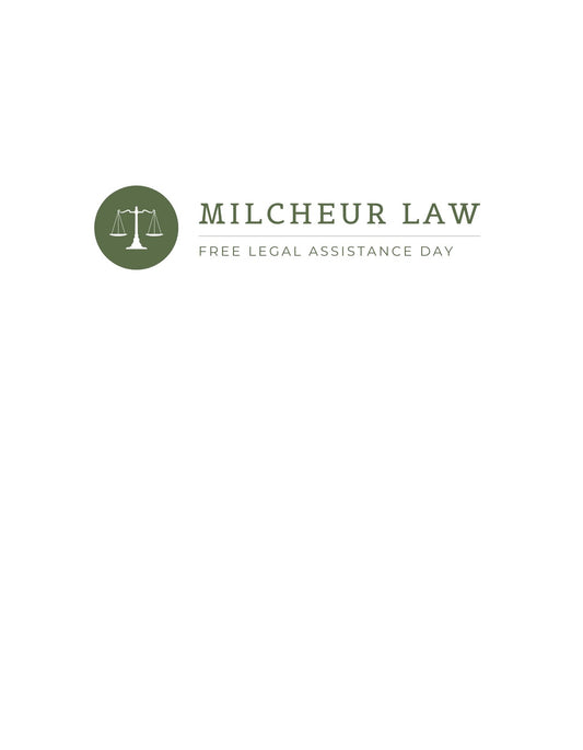 Az ábrán egy jogi támogatást ígérő esemény logója látható, a "MILCHEUR LAW" felirat felett egy mérleg szimbólum található a jogiasszisztencia mellett. 