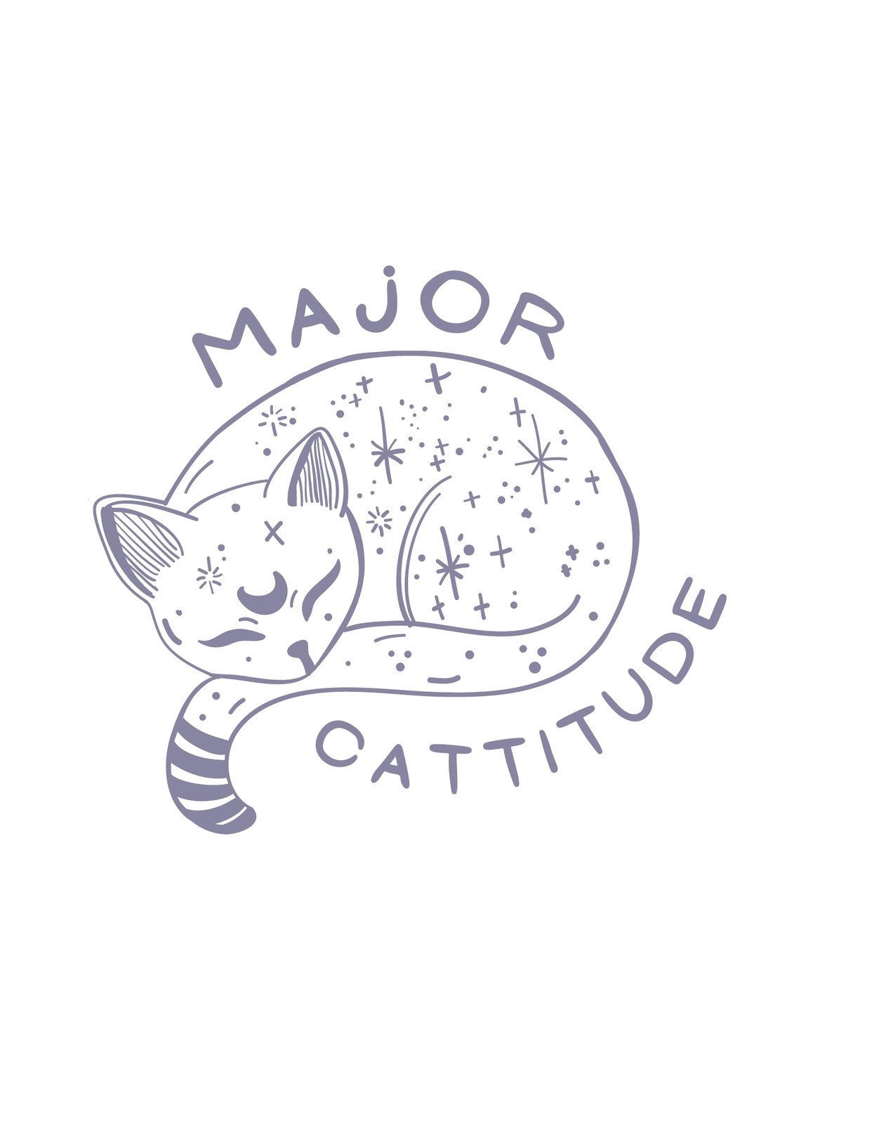 Egy békés pihenését élvező, csillagos cica ábrázolása, felirattal, ami "Major Cattitude" szöveget takar. A minta finom stílusban rajzolt, nyugtató színárnyalatokkal. 