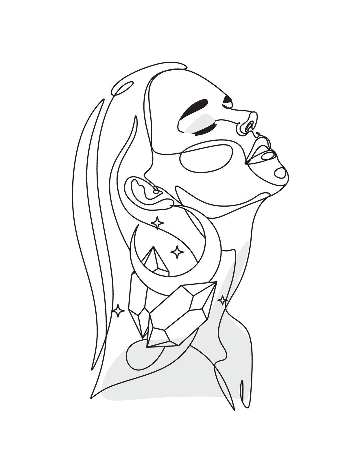 Egy letisztult, minimalista stílusú grafika, amely egy line art köves medál motívummal díszített női profil képét ábrázolja. Az elegáns vonalvezetés és a finom részletek egy modern, mégis időtálló darab érzetét keltik. 