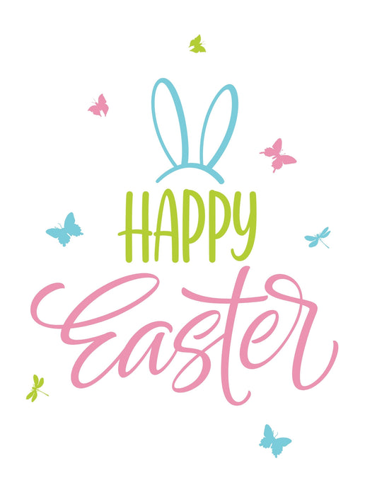 A képen egy vidám húsvéti üdvözlet látható, "Happy Easter" felirattal, színes betűkkel és kedves nyuszifülekkel, körülötte lebegő pillangókkal az ünnepi hangulat megteremtéséhez. 