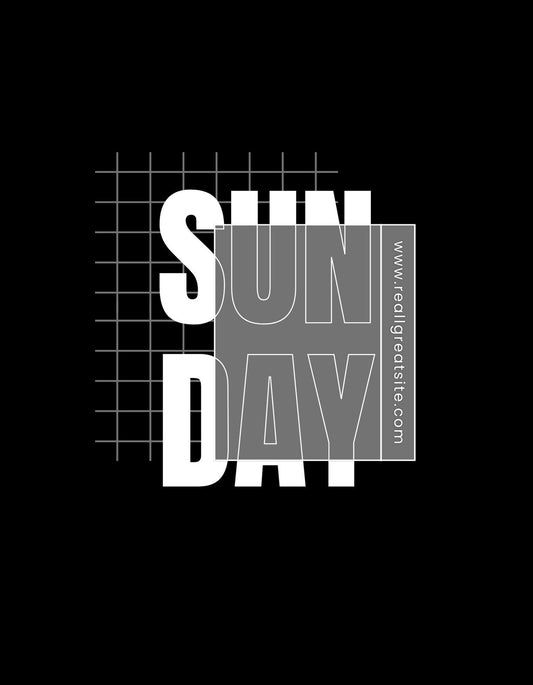 Minimalista tervezésű grafika, amely a "SUNDAY" szöveget jeleníti meg nagy betűkkel szabályos rácsvonalak háttér előtt. Az egyszerű színhasználat és a letisztult vonalak nyugodt hangulatot árasztanak. 